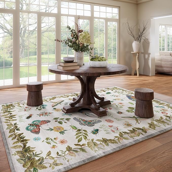 Washable Area Rugs for Living Room: 9x12 Bedroom Rug Vintage Large Rugs Stain Resistant Non Slip Low Pile Soft Carpet for Kitchen Dining Room Farmhouse Nursery Kids Room