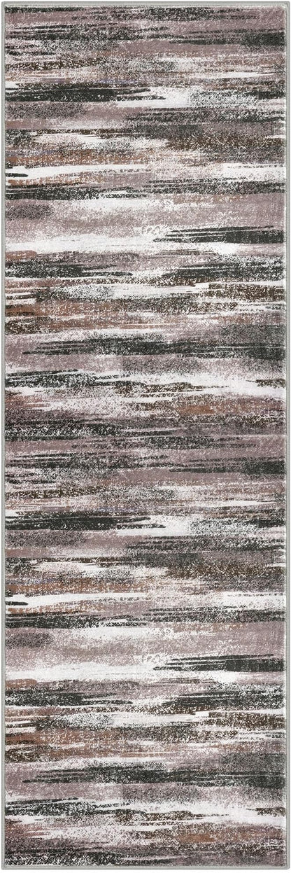 Modern Abstract Runner Rug 2.6x8, Dark Light Brown White Washable Kitchen Runner Non-Slip Soft Hallway Rug Runner Thin Print Faux Wool Carpet for Entryway Bedroom Laundry Room Indoor