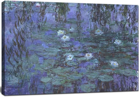 Large Blue Water Lilies by Claude Monet Canvas Wall Art Famous Painting - Classic Artwork Wall Decor Picture Print with Framed for Bedroom Living Room Office -32"x48"