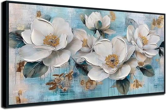 Ardemy White Floral Wall Art, Framed Teal Canvas Wall Art For Living Room Large Magnolia Pictures Wall Decor Flower Paintings Artwork for Walls Dining Room Bedroom Home Office 58"x29"