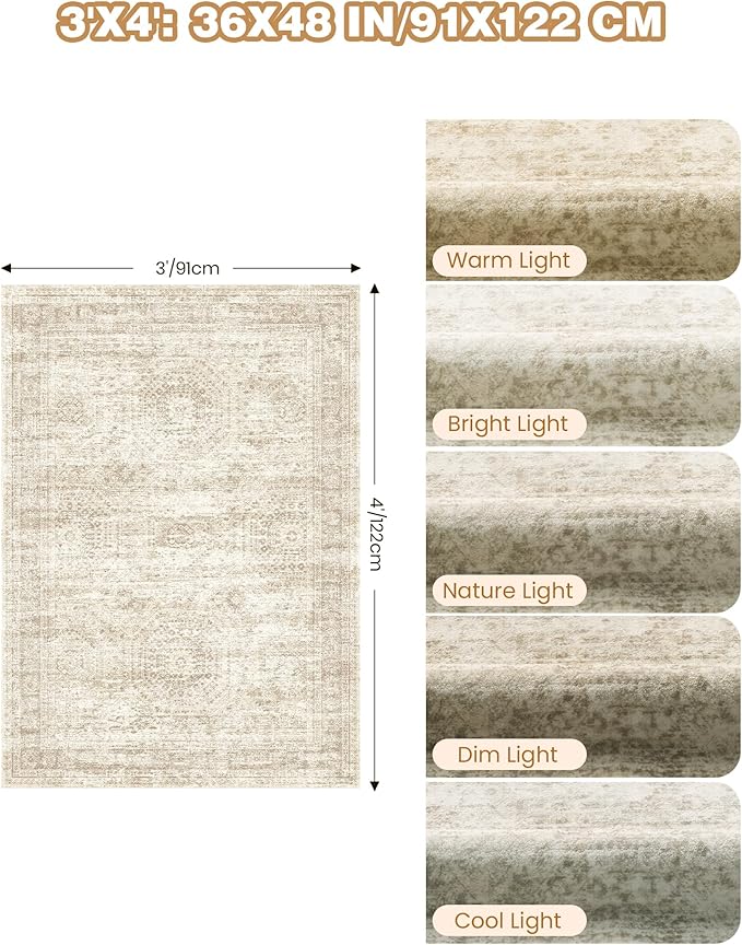 3x4 Washable Area Rug for Entryway, Soft Kitchen Rugs Non Slip for Dining Room, Vintage Abstract Living Room Rug, Thin Area Rugs Indoor for Bedroom, Kids Room Decor(3'x4', Beige/Ivory)