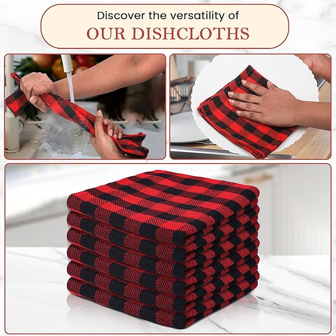 Vintage Vista 100% Cotton Dish Cloths (Pack of 6) - Dish Rags for Washing Dishes - Reusable & Highly Absorbent Kitchen Towels - Kitchen Rags for Christmas - (12" x 12" - Black & Red Checkered)