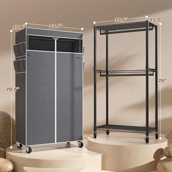 Raybee Rolling Clothes Rack with Cover Clothing Racks for Hanging Clothes Heavy Duty Portable Closet with Wheels Garment Rack 35.5" W*15.7" D*79 "H Black