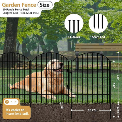 10 Panels Decorative Garden Fencing with Lock, 33in (H) x 22.31ft (L) No Dig Dog Fence Outdoor for Yard, Animal Barrier Rustproof Metal Temporary Panel Border for Rabbit, Dog and Patio Camping