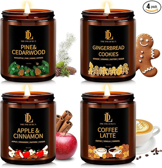 Winter Candle Set, Candles for Home Scented, 4 Pack Soy Candles for Holiday, Valentine's Day Gifts for Women Men, Winter Scents of Gingerbread Cookies/Apple & Cinnamon/Coffee Latte/Pine & Cedarwood