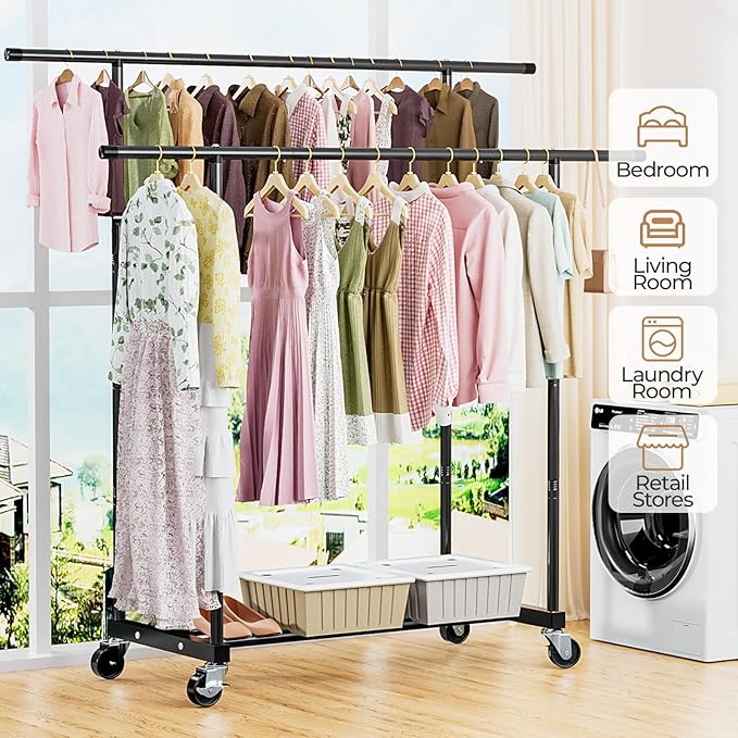 Abiglifty Double Rods Clothes Rack for Hanging Clothes, Clothing Rack with Wheels, Portable Closet Organizer for Laundry, Room, Black