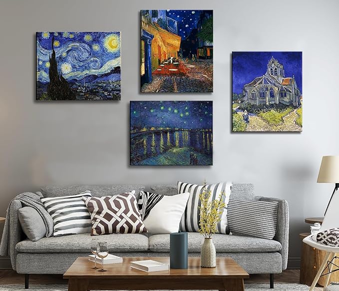 Vincent Van Gogh Canvas Wall Art - Starry Night Over The Rhone - Cafe Terrace At Night Paintings, Classic Artwork Pictures Poster Prints for Bathroom Living Room Office Decor