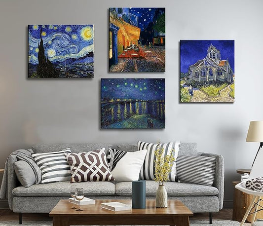 Vincent Van Gogh Canvas Wall Art - Starry Night Over The Rhone - Cafe Terrace At Night Paintings, Classic Artwork Pictures Poster Prints for Bathroom Living Room Office Decor