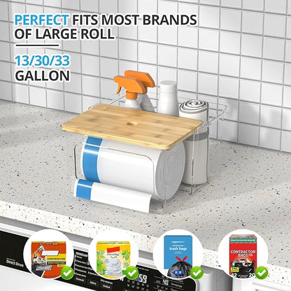 Trash Bag Dispenser Roll Holder - Clear Garbage Bag Holder Dispenser with Bamboo Lid and Sliding Drawer Box, Trash Bag Holder for Kitchen, Under Sink, Laundry Room Organization and Storage