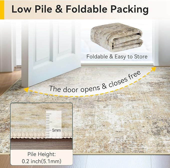 Washable Area Rugs 6'x8' Non-Slip Modern Abstract Soft for Living Room Entryway Bedroom Nursery, Print Pattern, Neutral Brown Gray