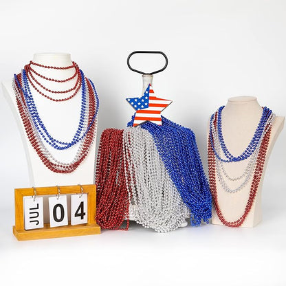 4th of July Necklace Accessories, 72PCS Veterans Day Beads Necklace Bulk, Round Fourth of July Red Blue Silver Beads Party Favors, Bead Bulk for Veterans Day Patriotic Parade Party Celebration