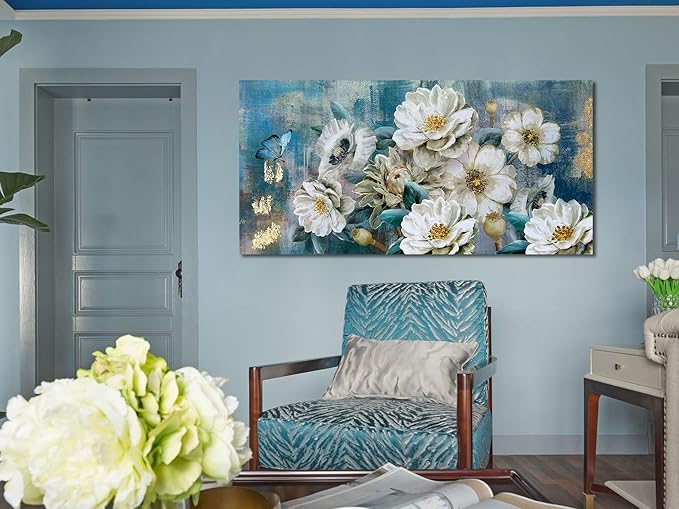 Arjun Flowers Canvas Wall Art for Bedroom White Elegant Teal Picture, Textured Floral Magnolia Painting Living Room Wall Decor Turquoise Large Artwork Bathroom Dining Room Home Office 40"x20"