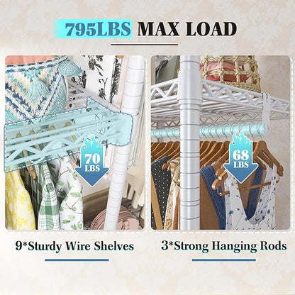 Raybee Clothes Rack Heavy Duty Load 795LBS Adjustable Clothing Racks for Hanging Clothes Garment Rack, 56" W X16 D X 75.5" H White