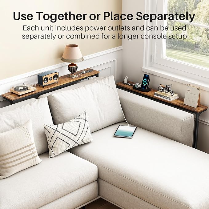 Kitstorack 2-Pack Narrow Console Table with Adjustable Height (25"-33") & 2 Power Outlets, Skinny Behind Couch Table, 79" Long x 5.9" Wide Sofa Side Table for Living Room, Rustic Brown | 2-Pack, Behind Sofa Couch