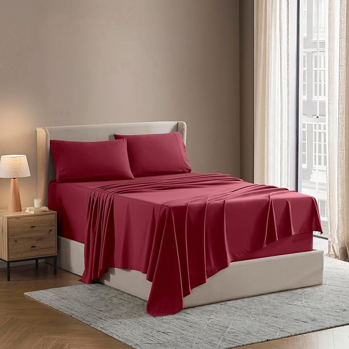Nestl California King Sheet Set - 1800 Ultra-Soft Microfiber Cal King Bed Sheets - Double Brushed - Deep Pockets - Easy Fit - 4 Piece Set - Bed Sheets (California King, Burgundy Red)