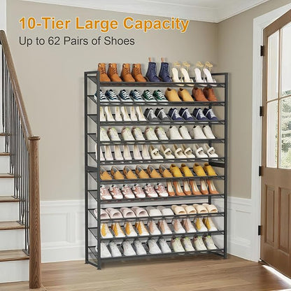 Large Shoe Rack 10 Tier Shoe Organizer, Heavy Duty Metal 5-Tier Stackable Shoe Storage Vertical Shoe Rack for Closet Front Door Entrance, Up to 62 Pairs, 44.8" W x 11.4" D x 71.2" H, Black