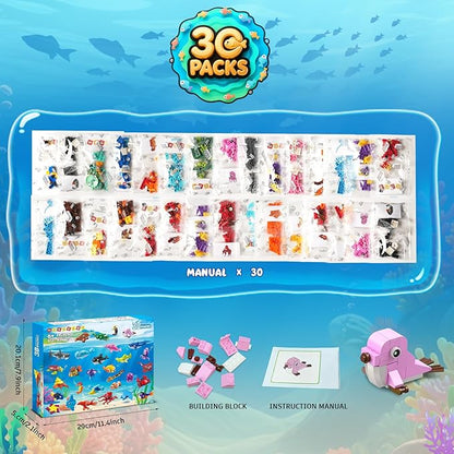 30 Pack Animals Valentines Party Favors For Kids, 824PCS Marine Animal Building Block Sets for Valentines Day Goodie Bags Filler Classroom Prizes Stocking Stuffers Birthday Gifts for Boys Girls 6+