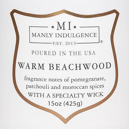 Manly Indulgence Warm Beachwood Scented Candles for Men, 15 oz Wooden Wick, Premium Soy Blend Wax, 60H Burn, Candles for Home Scented - Made in The USA