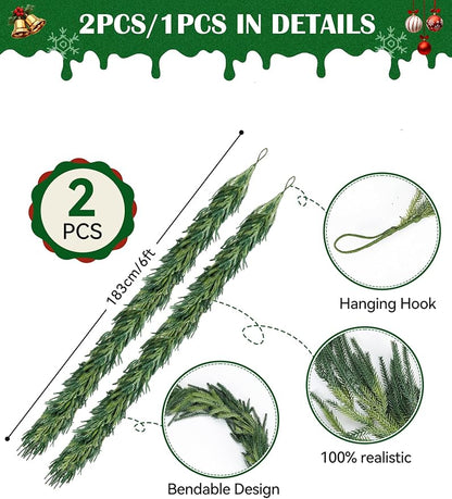 2Pcs 6ft Real Touch Christmas Garland Norfolk Pine, Realistic Artificial Christmas Garland, Faux Natural Greenery Garland for Table, Mantle, Stair Railings, Wall, Outdoor Christmas Decoration