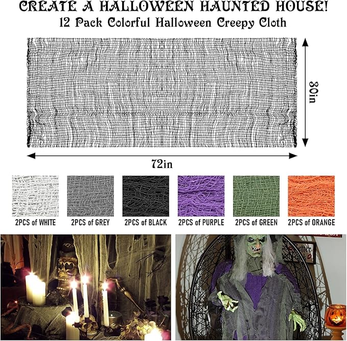 Legigo 12 Pack Halloween Creepy Cloths Cheesecloths, Spooky Black Mesh Fabric Cheese Cloths for Crafts, Scary Gauze Fabric for Party Supplies Home Wall Doorway Outdoor Yard Decor(6 Colors)