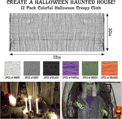 Legigo 12 Pack Halloween Creepy Cloths Cheesecloths, Spooky Black Mesh Fabric Cheese Cloths for Crafts, Scary Gauze Fabric for Party Supplies Home Wall Doorway Outdoor Yard Decor(6 Colors)