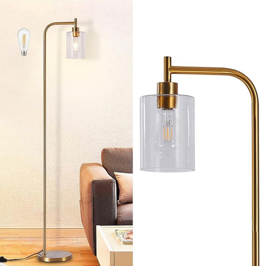 DLLT Floor Lamp Tall for Room: Gold Standing Lamp with Seeded Glass Lampshade for Living Room - Modern Bright Lamp for Bedroom - Industrial Corner Floor Lamps for Office 8W Led Bulb Included