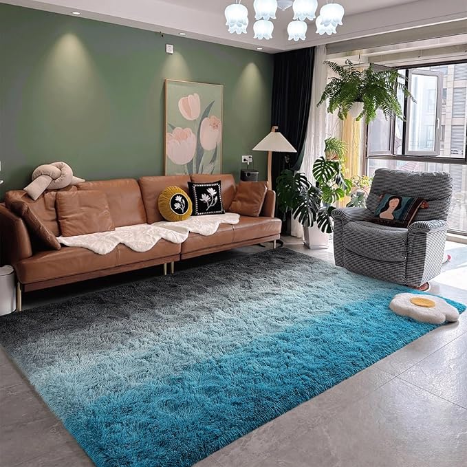DweIke Luxury Fluffy Kids Rugs for Living Room Bedroom, 5x8 Large Shaggy Black and Blue Area Rug for Girls Boys, Upgrade Plush Non-Slip and Washable Colorful Fuzzy Carpet for Dorm Nursery Decor