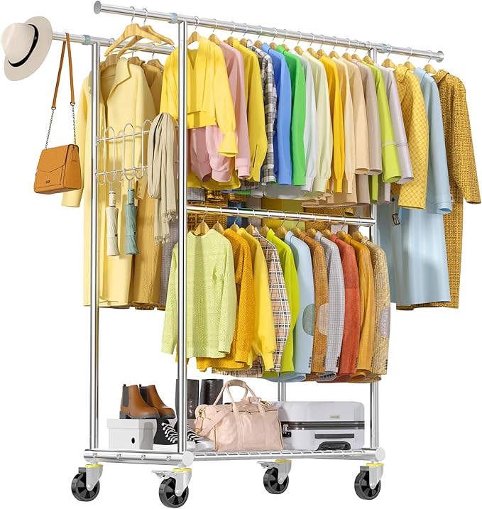 100% Stainless Steel Heavy Duty Clothes Rack Load 860LBS, Adjustbale Height Double Rods Clothing Racks for Hanging Clothes, Rolling Garment Rack With Sturdy Wheels Shelf (Silver, Three Rod)