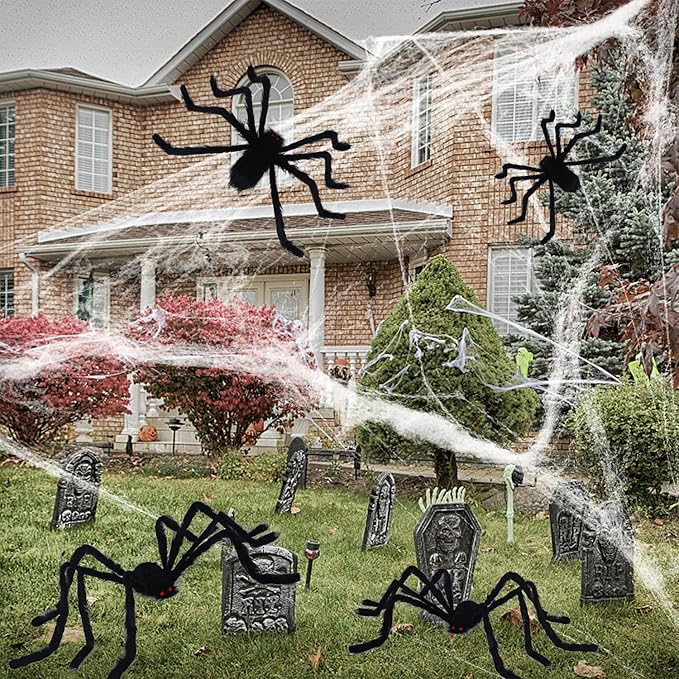 yosager Outdoor Halloween Decorations 4Pcs Realistic Giant Spiders, Huge Hairy Scary Halloween Spider Prop, Black Spooky Spider for Indoor House Outdoor Window Yard Patio Decor (24" 24" 36" 60")