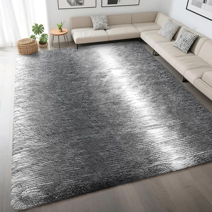 DweIke Luxury Fluffy Kids Rugs for Living Room Bedroom, 4x6 Feet Shaggy Grey and White Area Rug for Girls Boys, Upgrade Plush Non-Slip and Washable Colorful Fuzzy Carpet for Dorm Nursery Decor