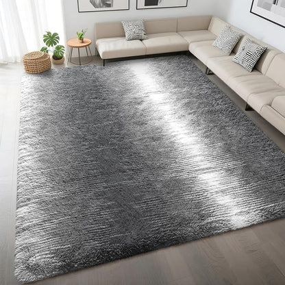 DweIke Luxury Fluffy Kids Rugs for Living Room Bedroom, 4x6 Feet Shaggy Grey and White Area Rug for Girls Boys, Upgrade Plush Non-Slip and Washable Colorful Fuzzy Carpet for Dorm Nursery Decor