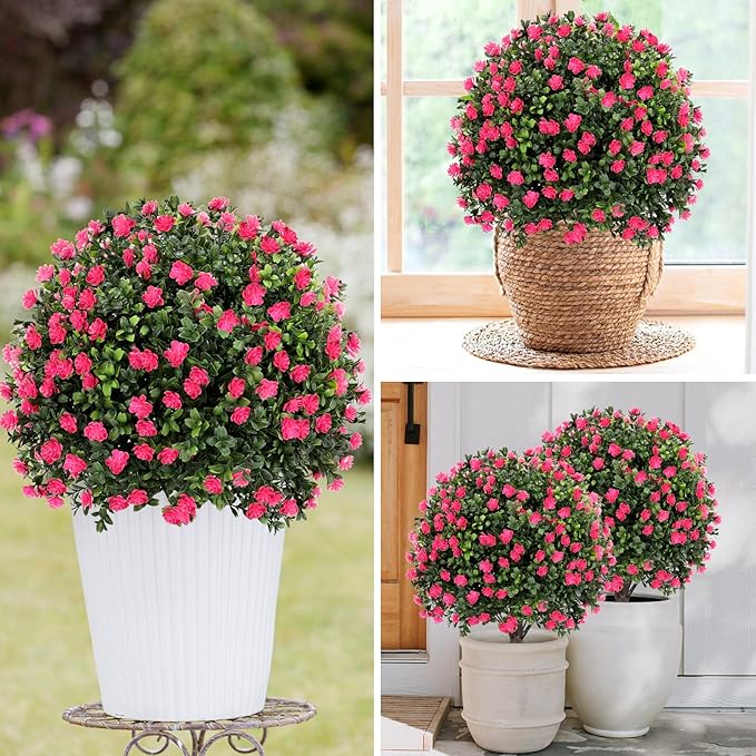 Artificial Pink Camellia Topiary Ball Tree 25" with Ground Spike, Set of 2 Artificial Boxwood Bushes for Faux Shrubs, Fake Evergreen Faux Plant for Indoor Outdoor Garden -UV Resistant–Fade-Proof