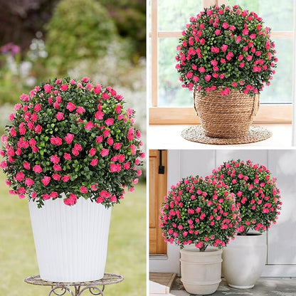 Artificial Pink Camellia Topiary Ball Tree 25" with Ground Spike, Set of 2 Artificial Boxwood Bushes for Faux Shrubs, Fake Evergreen Faux Plant for Indoor Outdoor Garden -UV Resistant–Fade-Proof