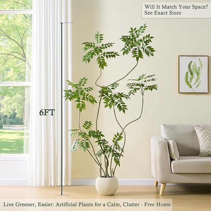 Artificial Sumac Tree：6FT Faux Mahonia Fortunei Tree Realistic Fake Floor Plant Silk Leaves & Elegant Branches in Pot Fake Plant for Minimalist Decor Indoor Home Sala Office Hotel Patio Studio