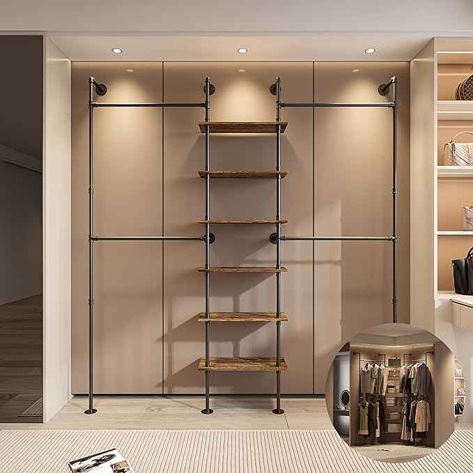 Industrial Pipe Clothing Rack, Wall-Mounted Clothes Rack with Shelf Wood Hanging Organizer, Space Saving Corner or Straight Design for Retail Store, Bedroom, Closet