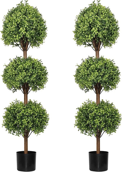 THE BLOOM TIMES 55" Tall Artificial Boxwood Triple Ball Topiary Trees, UV Resistant Large Fake Potted Plants for Outdoor Planter, Realistic Faux Bushes Shrubs for Front Porch Outside Decor Set of 2