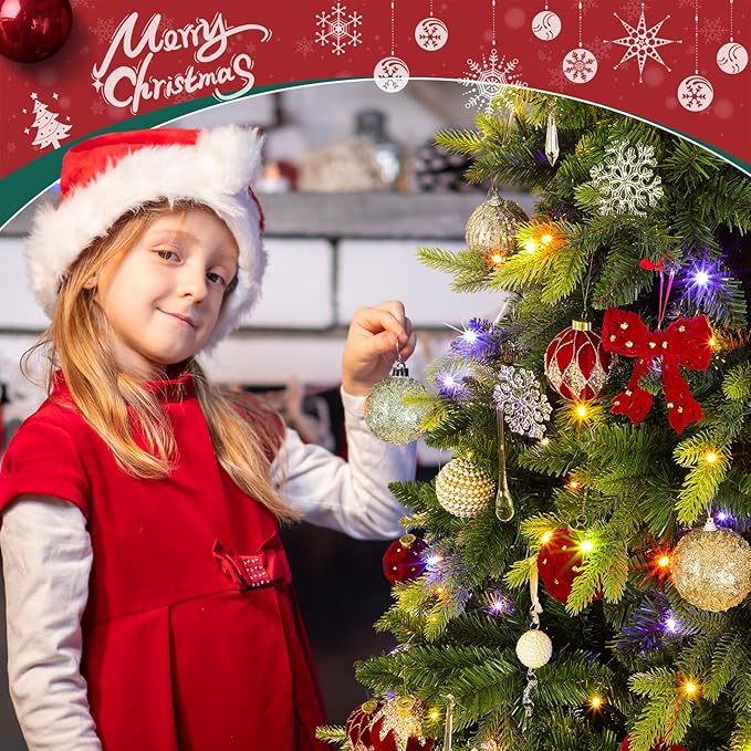 GGOYING 6.5FT Pre-Lit Flocked Christmas Tree with Rotating Stand & Remote, Green Dense Branches, Realistic Holiday Decorations, LED Lights (RGB + Warm White)