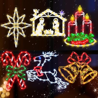 16" Christmas Window Silhouette Lights - 6 Pack Colour Lighted Bell & Candy Cane & Candle & Nativity & Bethlehem Star & Reindeer for Holiday Indoor and Outdoor Wall Door Window Decorate