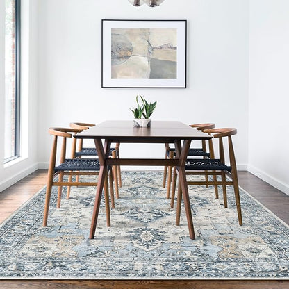 GENIMO 5x8 Area Rugs for Living Room, Machine Washable Low Pile Rugs, Chenille Non Slip Vintage Rug for Bedroom, Dining Room, Home Office, Blue