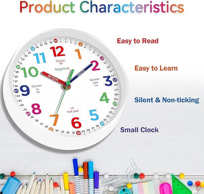 Wall Clock for Kids Learning to Tell Time Non Ticking Battery Operated Kids Teaching Clock Small Teaching Time Clock Decorative for Kids Room Classroom School (8 Inch)