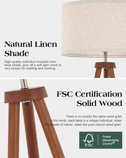 ELYONA Wood Tripod Floor Lamps for Bedroom, Vintage Standing Light 3 Color Temperatures LED Bulb Included & Beige Linen Shade, Tall Floor Lamp for Living Room Office Study Room, Brown & Nickel Metal