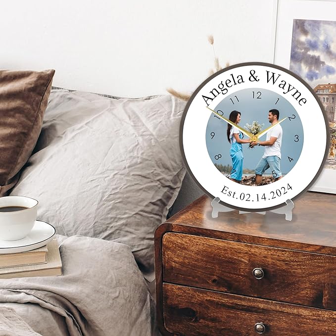 Custom Family Wall Clock with Photo Name Date, Personalized Picture Wall Clocks for Living Room Kitchen Bathroom Decor Custom Gift for Couples, Christmas Birthday Wedding Valentine Gifts