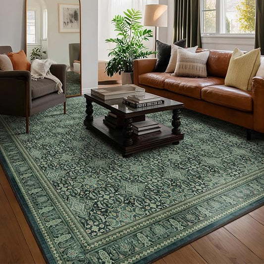 Jainmy Dark Green Vintage Living Room Rug 9x12, Boho Floral Moroccan Pattern Printed Large Area Rugs for Bedroom, Washable Non Slip Low Pile Thin Carpet Rug for Dining Room Under Table