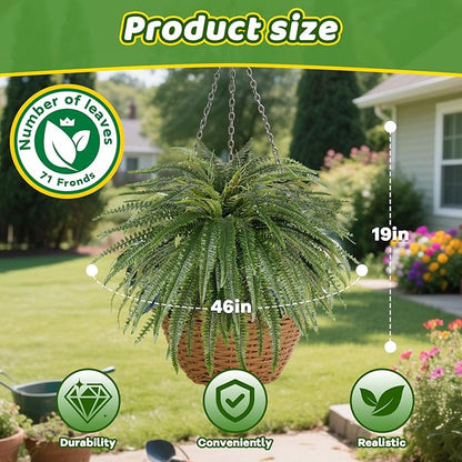 46" Artificial Fern Plants, Set of 2 Large Fake Ferns for Outdoors Indoor, Realistic Faux Boston Fern Bush with 71Fronds Each for Planter, Garden, Porch, Home Décor