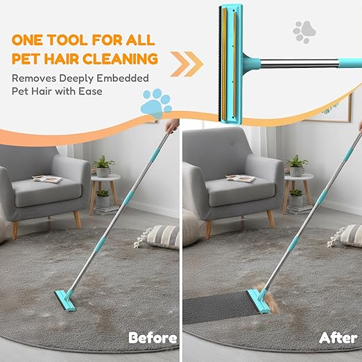 3 In 1 Carpet Rake for Pet Hair Removal Tool with Long & Short Handle and Rubber Detail Brush, Carpet Brush for Pet Hair, Deep Cleaning Pet Hair Removal Broom for Carpets Couches Rug Furniture