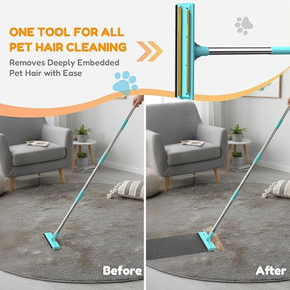 3 In 1 Carpet Rake for Pet Hair Removal Tool with Long & Short Handle and Rubber Detail Brush, Carpet Brush for Pet Hair, Deep Cleaning Pet Hair Removal Broom for Carpets Couches Rug Furniture