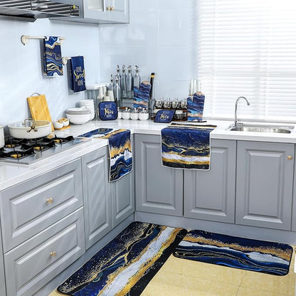 10 Pcs Christmas Marble Farmhouse Kitchen Decor Accessories Set Marble Kitchen Dish Towels Rugs Oven Mitts and Pot Holders Sets for Cooking Baking Daughter Mom Gift(Blue)