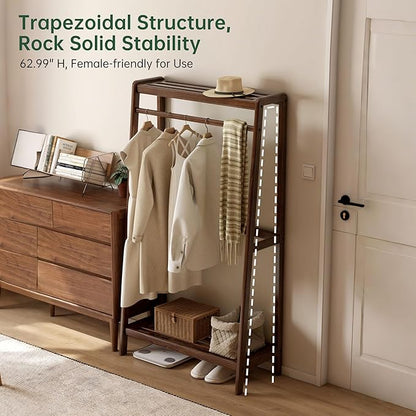 Solid Wood Clothes Rack, Clothing Rack with 2 Shelves Storage, Floor-Standing Coat Rack for Bedroom, Living Room, Entryway,Walnut