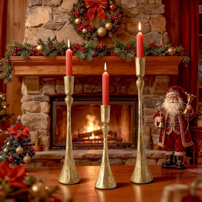 Vintage Gold Taper Candle Holders Set of 3 Cast Iron Antique Brass Decorative Candlestick Holder for Wedding Dining Table Party Rustic Home Decor