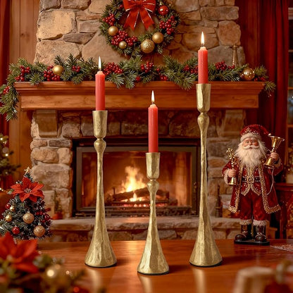 Vintage Gold Taper Candle Holders Set of 3 Cast Iron Antique Brass Decorative Candlestick Holder for Wedding Dining Table Party Rustic Home Decor